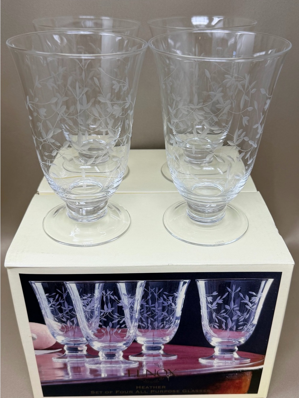 NIB Lenox Heather Handcut All Purpose Glasses Set of Four 15 Oz